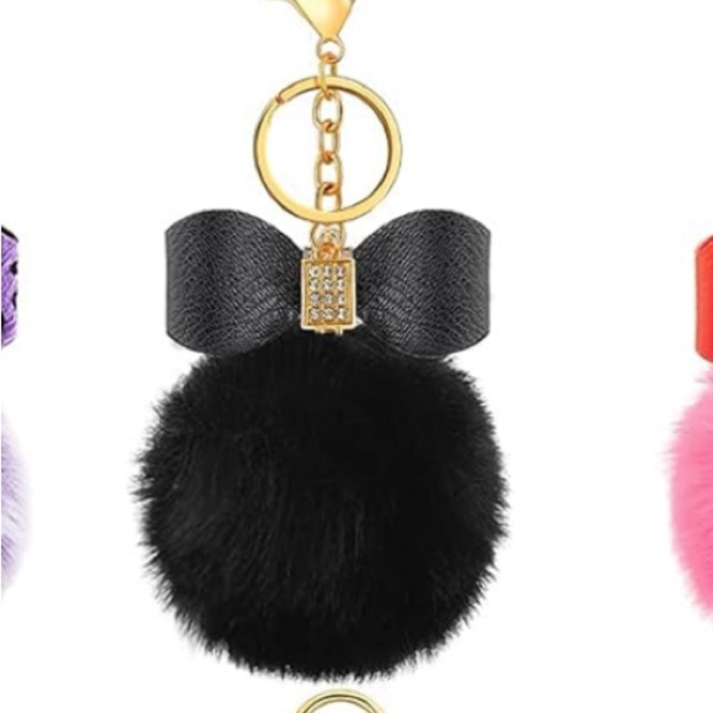 Black Bow Keychain with Black Fluffy Pom Pom